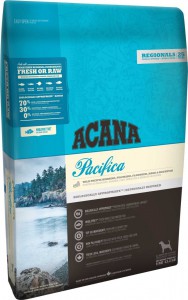 ACANA 愛肯拿 Pacifica 完美反映出加拿大冰冷太平洋海水中豐富的海洋生態，含野生的加拿大魚類，皆由北溫哥華群島野生永續捕撈。
含太平洋鯡魚、沙甸魚、比目魚、鱈魚和岩魚，每日新鮮完整送達。ACANA 愛肯拿 Pacifica 天然滋養你的愛犬，不需要一長串的添加物。
無論在何處，都受到寵物愛好者們的信賴。高蛋白質和低碳水化合物的 ACANA 愛肯拿讓所有品種及生長階段的狗狗都達到巔峰的生理狀態。

成分:
新鮮完整太平洋鯡魚(14%), 新鮮完整太平洋沙丁魚(12%), 新鮮完整箭齒鰈魚(8%), 脫水完整鯡魚(8%), 脫水完整太平洋鱈魚(7%),
脫水完整太平洋白魚(7%), 完整綠豌豆, 完整紅扁豆, 完整鷹嘴豆, 完整綠扁豆, 鱈魚油(6%), 新鮮完整銀鱈(4%), 新鮮完整岩魚(4%),
完整花豆, 完整黃豌豆, 苜蓿草, 冷壓葵花油, 扁豆纖維, 棕海帶, 新鮮南瓜, 新鮮冬南瓜, 新鮮防風草, 新鮮甘藍菜, 新鮮菠菜, 新鮮芥菜,
新鮮蘿蔔菜, 新鮮胡蘿蔔, 新鮮紅蘋果, 新鮮梨子, 冷凍乾燥鱈魚 肝(0.1%), 新鮮完整蔓越莓, 新鮮完整藍莓, 菊苣根, 薑黃, 水飛薊,
牛蒡根, 薰衣草, 蜀葵根, 玫瑰果.